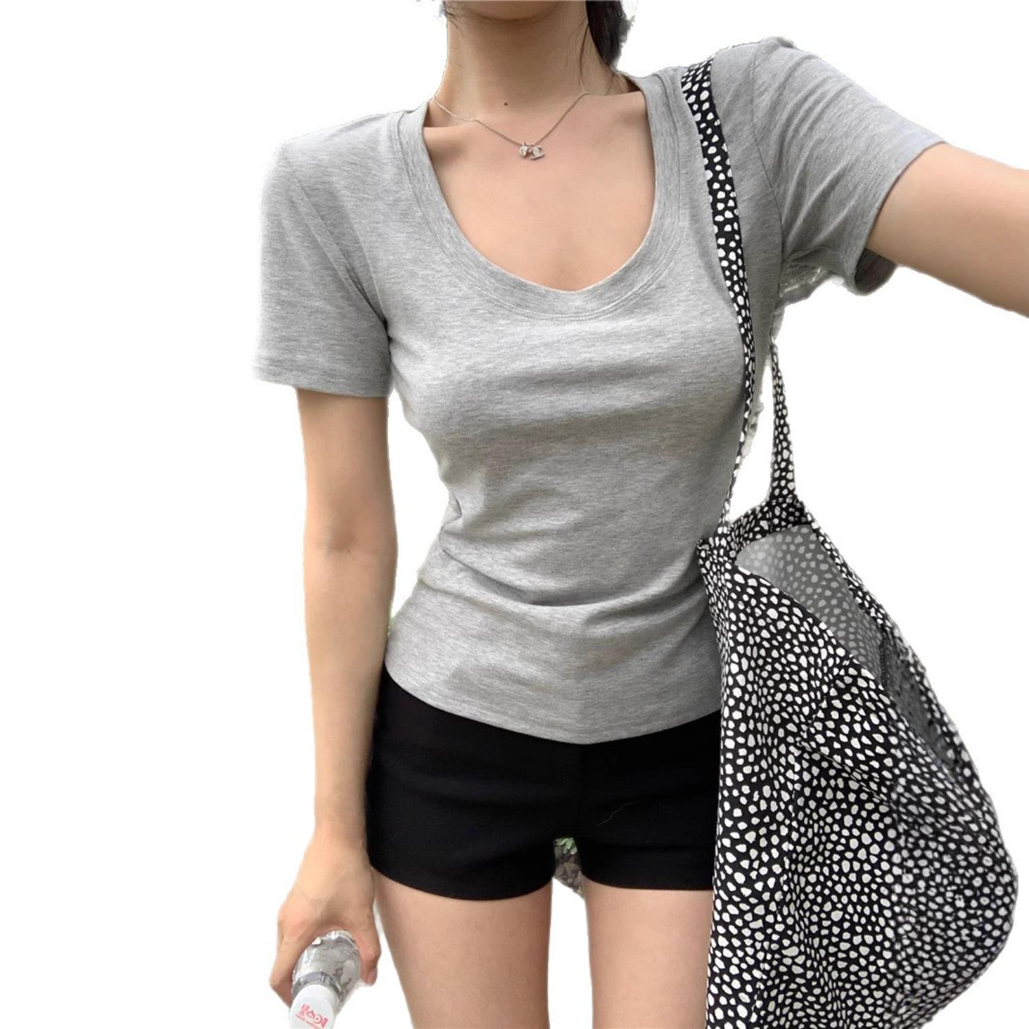 Women s U Neck Short Sleeve T-Shirts Slim Fit Solid Casual Basic Tees Summer Minimalist Tops S