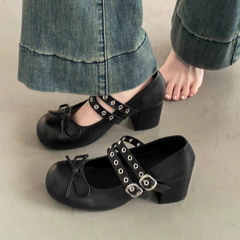 Design shoes women's spring thick heel ballet bow heightening versatile punk Mary Jane shoes women's ballet academy style