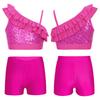 Girls Asymmetrical Ruffle Shoulder Straps Sequin Crop Top V Front Waistband Shorts Dance Competition Set