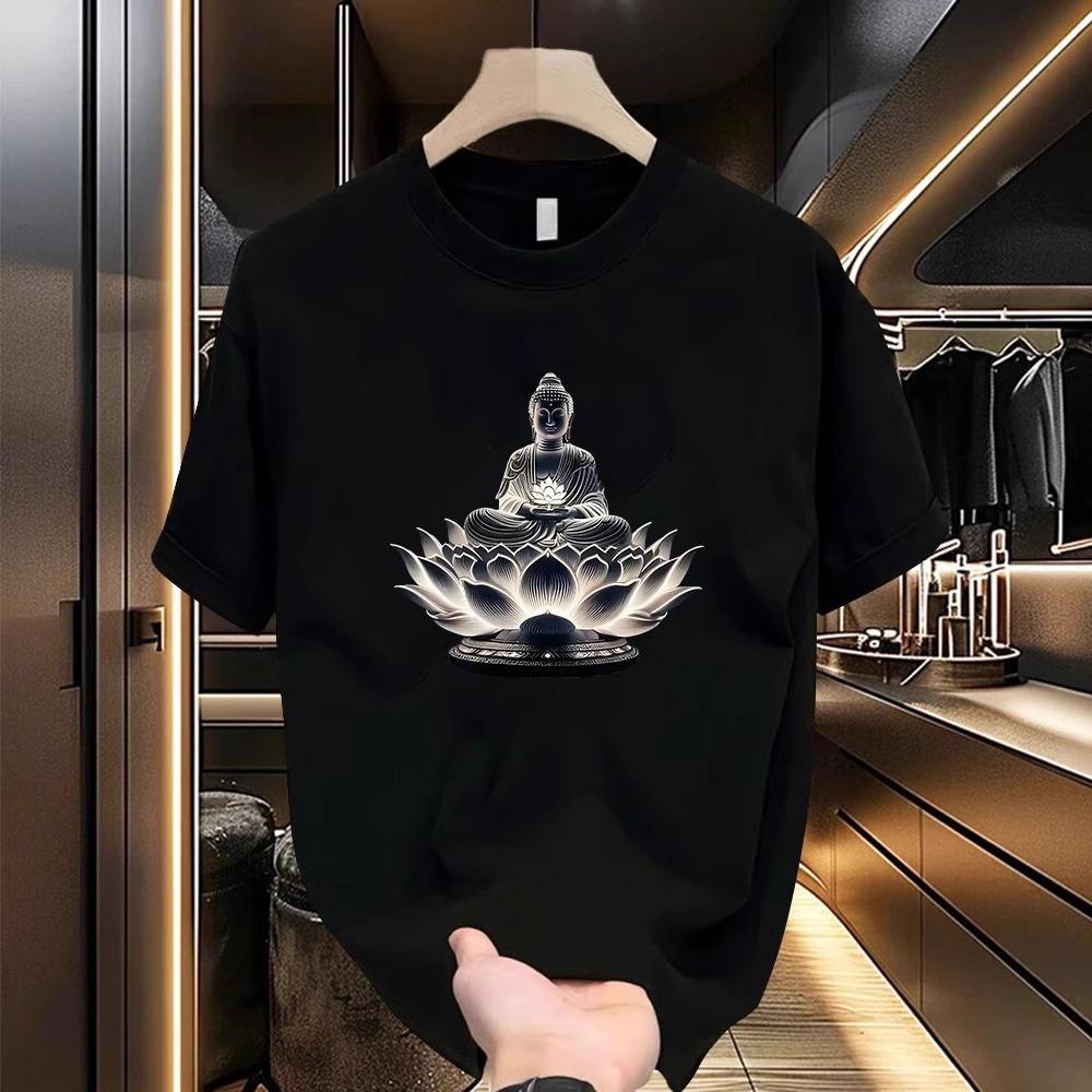 Summer Round Neck Buddha and Lotus Pattern Printed Top Fashionable Casual Pure Cotton Short Sleeved Men's T-shirts