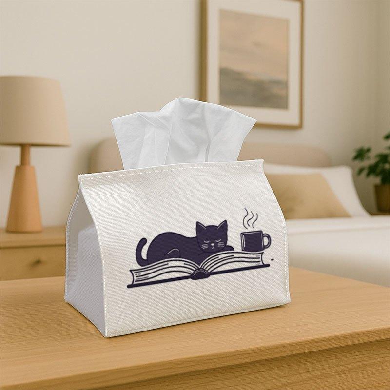 1pc Adorable Tissue Box Design- Featuring a Cat, Book, And Coffee Motif, Made from Sturdy Fabric for Decorative Storage in The Kitchen, Living Room, B