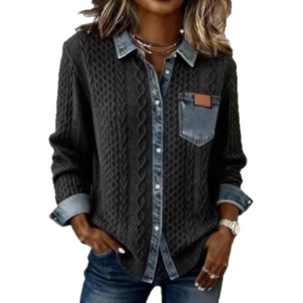 New European and American Style Women's Knitted Spliced Denim Shirt, Casual Versatile Long Sleeve Cardigan Coat for Fall and Winter
