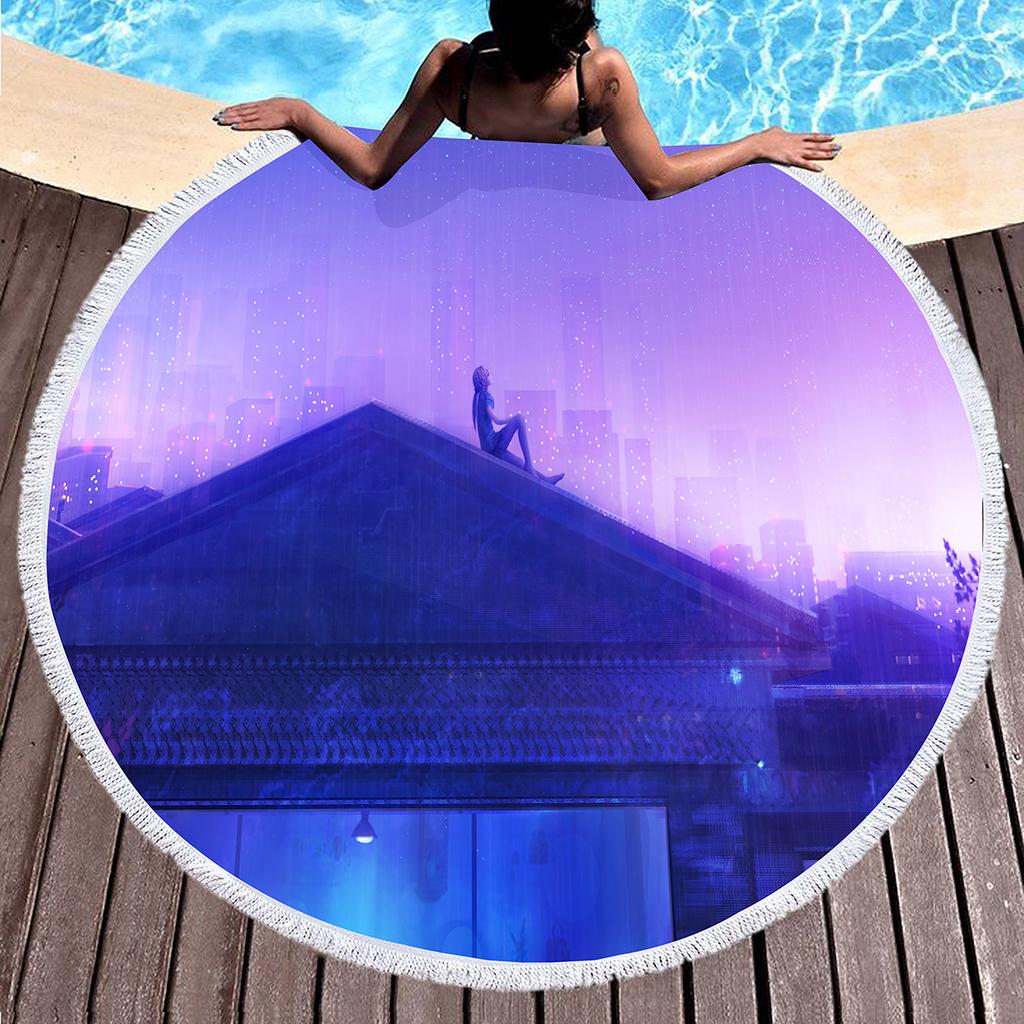 Purple Dreamy Scenery Print Round Beach Towel,Polyester Sand Resistant Beach Blanket,Absorbent Quick Dry Pool Towel Picnic Mat