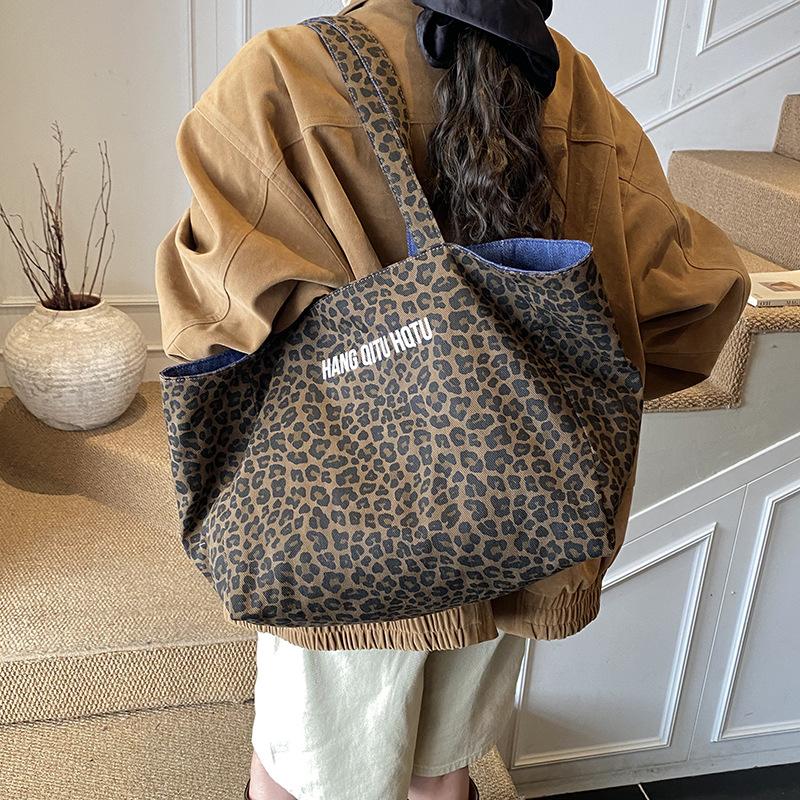 Korean Double-sided Leopard Print Canvas Bag Women's New Denim Casual Lazy Style Shoulder Bag Large-capacity Commuter Tote Bag