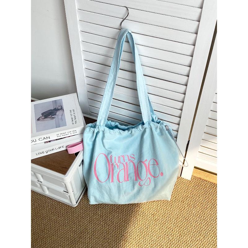 Korean Style Drawstring Tote Bag for Women, Colorful Dopamine Letter Print Shoulder Bag, Lightweight Casual Commuter Handbag KTB
