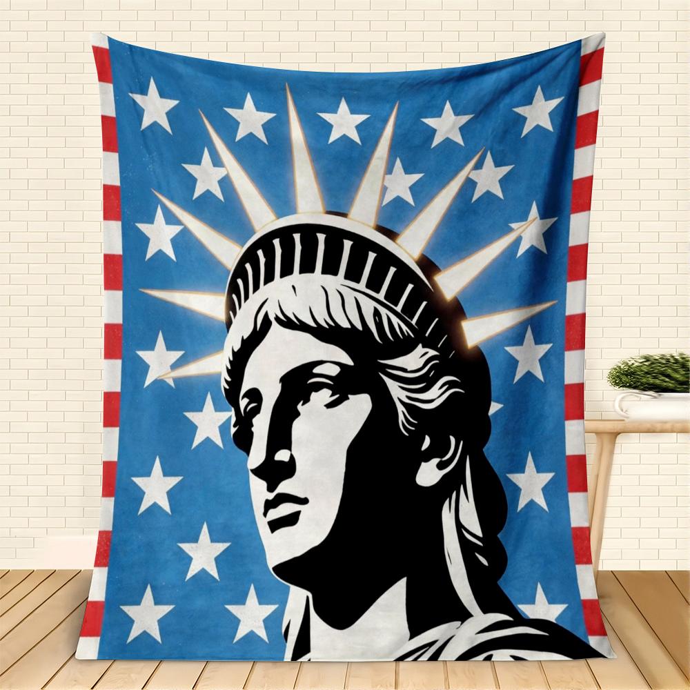 American Flag & Statue of Liberty Flannel Blanket, Patriotic USA Pattern Throw, Soft Cozy for Home Decor, Warm Sofa Couch Gift