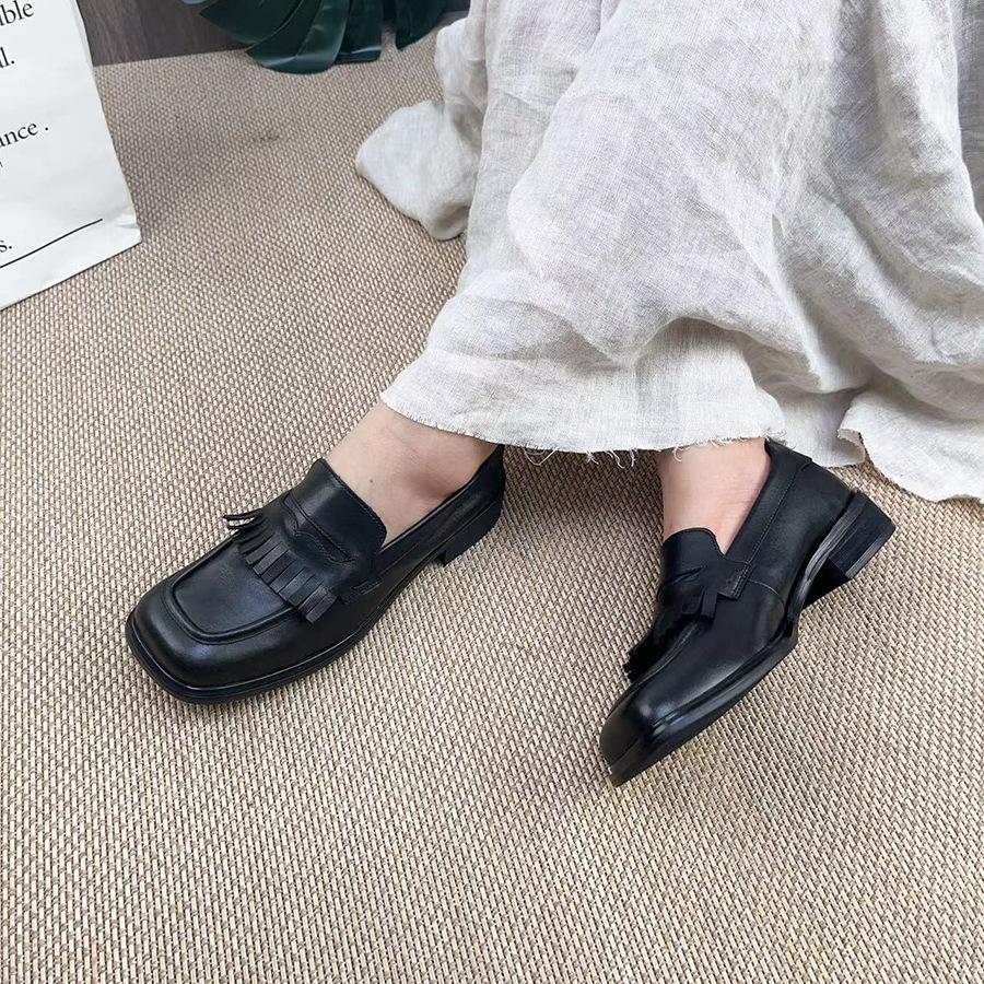 Johnature Genuine Leather Women Pumps Retro Square Toe Soft Sole Comfortable Shallow Slip-on Low Heel Shoes