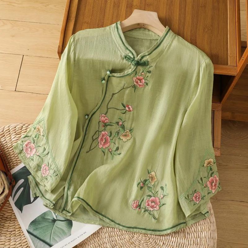 Cotton Linen Women's Shirt Summer Embroidery Chinese Style Blouses Vintage Short Women Tops Trend Loose Clothing