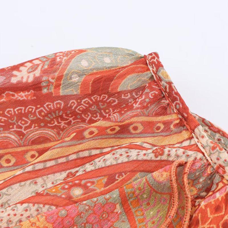 Kaslead New Women clothes Western Style Fashion Print Bell Sleeve Frill Loose Top