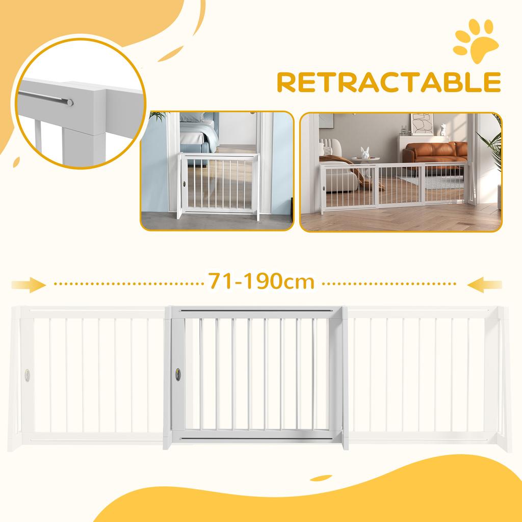 Dog Gate, Non-Slip, Freestanding, Extendable, Wood Frame, 71-190x38.5x56cm, White
