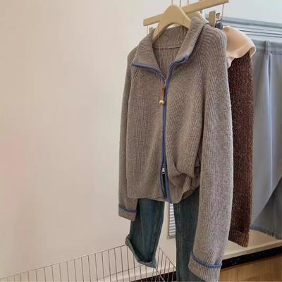 Grey Lapel Zipper Sweater Jacket Women's Autumn and Winter Winter Thickened Lazy Wind Stand-up Neck Knitted Cardigan Top