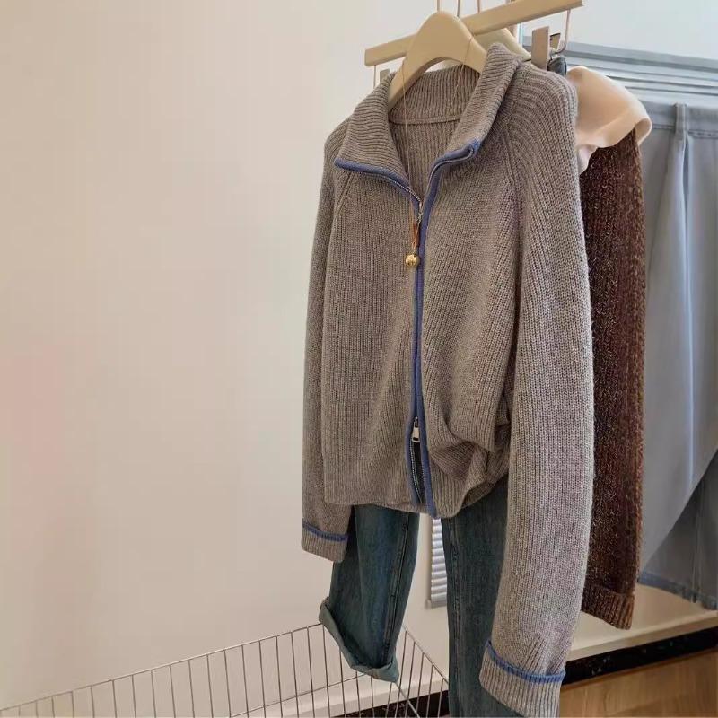 Grey Lapel Zipper Sweater Jacket Women's Autumn and Winter Winter Thickened Lazy Wind Stand-up Neck Knitted Cardigan Top