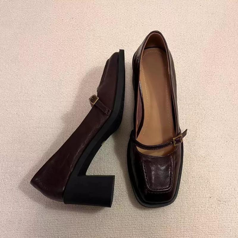 

Версия из овчины~ Натуральная кожа ретро для通勤 туфли-лодочки на высоком каблуке для женщин с туфлями Мэри Джейн квадратный носок толстый каблук одинарные туфли маленькие кожаные туфли 40