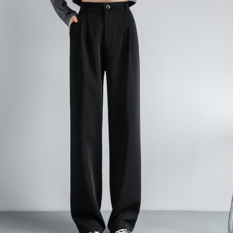 Fashion New Solid Straight Casual Wide Leg Pants Women Elegant Slim Fit High Waist Suit Pants Women Pockets Simple Office Ladies Trousers 25896