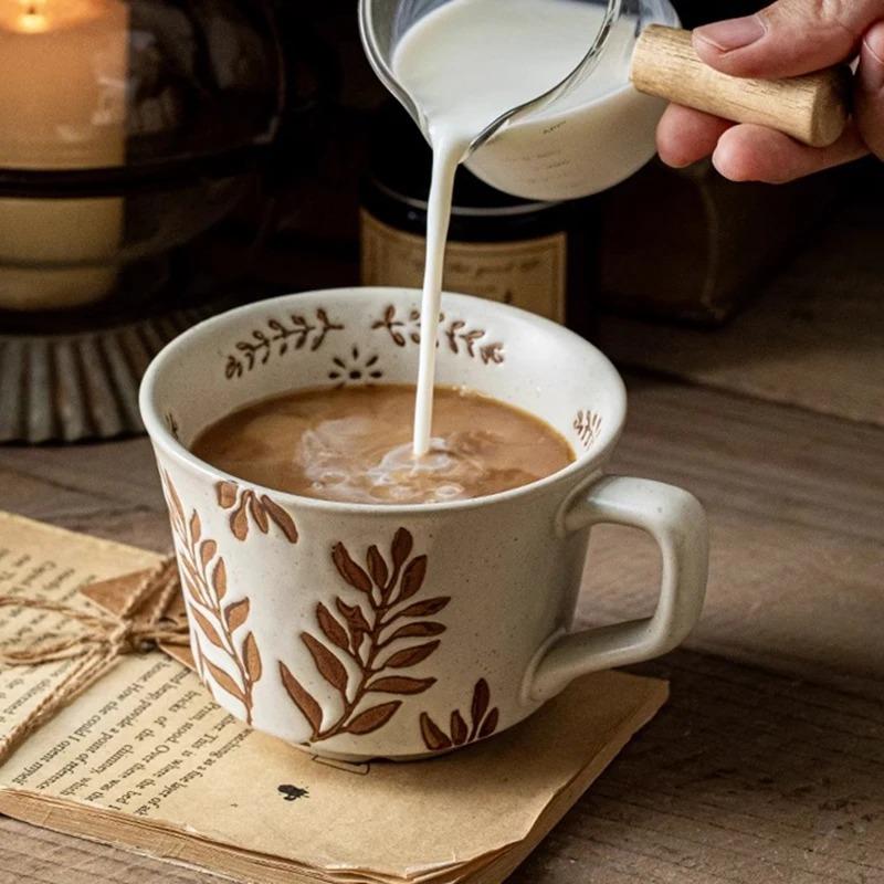 350ML Ceramic Coffee Mug Large Porcelain Tea Mug Leaf Pattern Ceramic Cup Breakfast Milk Juice Cup Home Office Water Cup
