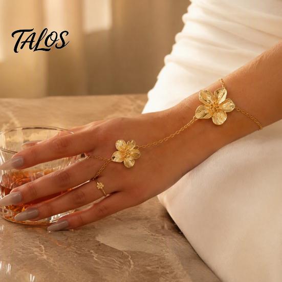 Adjustable Gold Chain Bracelet Flower Hand Link with Finger Ring for Matte Gilt Women Women, Hibiscus Flowers O Bracelet, Floral Fairy Jewelry
