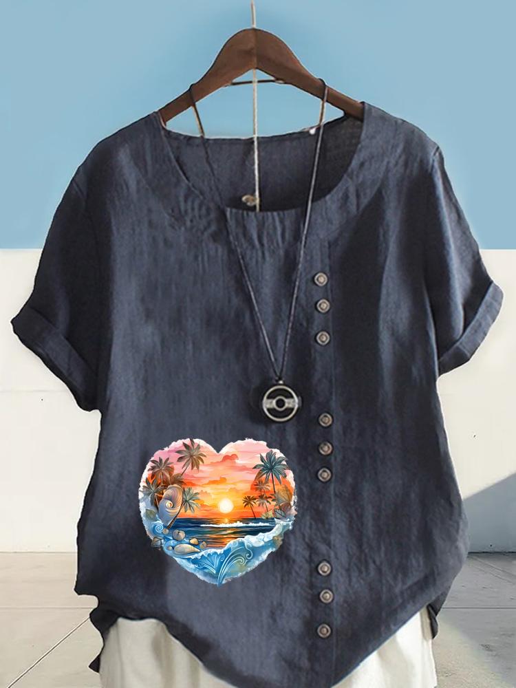 Women's Fashion Heart Shaped Scenery Print Round Neck Short Sleeve T-shirt Casual Cotton Linen Graphic Shirt Leisure Loose Summer Blouse Tops