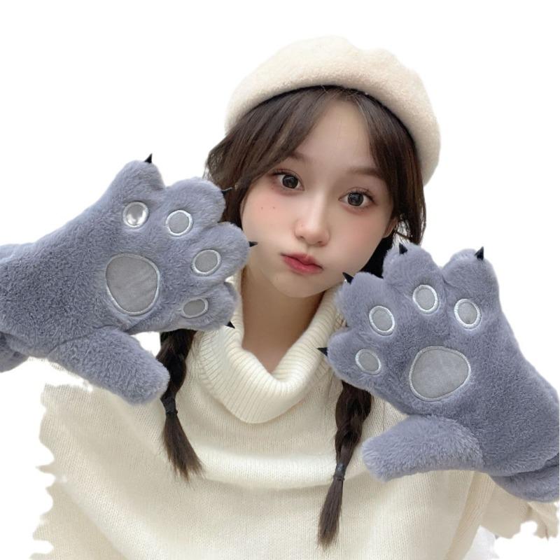 Cute Cartoon Bear Claw Plush Gloves Women's Winter Warm Plush Thickened Outdoor Riding Full Finger Cat Claw Gloves