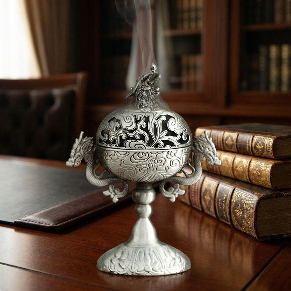 Vintage Alloy Incense Burner Hollow Out High Foot Metal Incense Holder Handmade Double Dragon Aromatherapy Stove Tea Ceremony