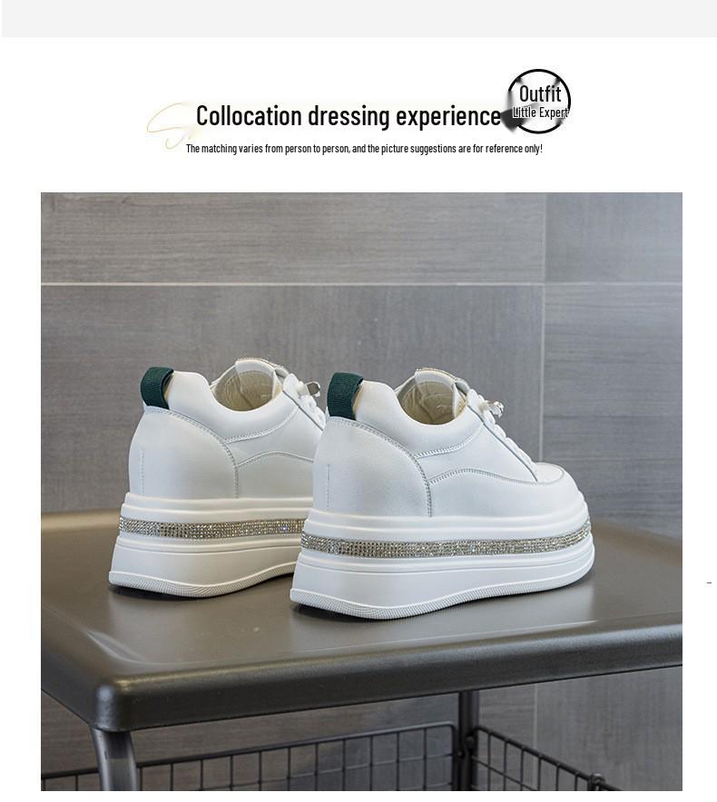 Women's White Platform Sneakers with Rhinestone Elastic Laces - Genuine Leather, Thick Sole, 7cm Height Boost, Lightweight & Versatile.