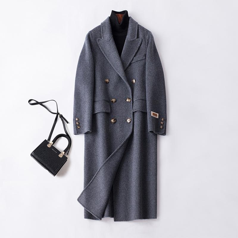 

760 #альпака шерсть смешанный цвет двустороннее кашемировое пальто женское средней длины с отложным воротником двубортное шерстяное пальто тренд XL