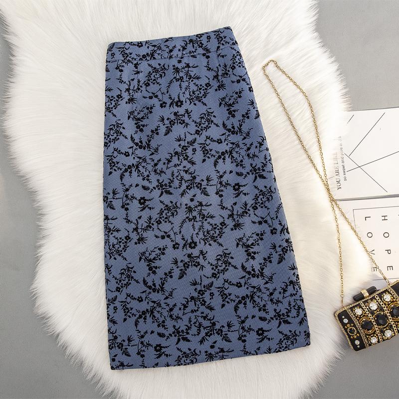 

Юбки с разрезом с цветочным принтом, женская весна-лето, повседневная юбка средней длины, женская винтажная юбка трапециевидной формы с высокой талией неправильной формы Faldas XXL синий