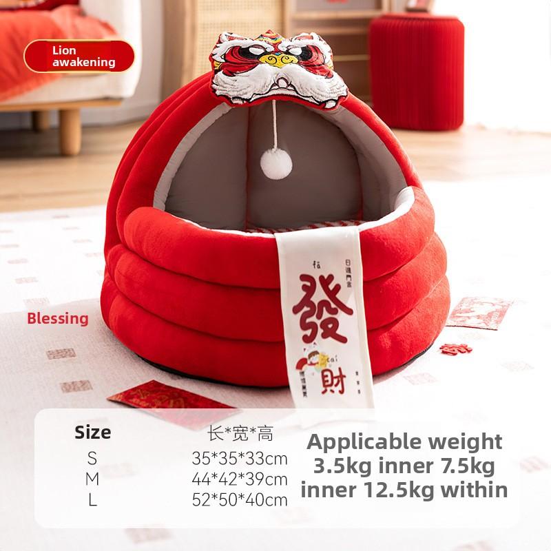 Autumn and Winter Cat New Year Dragon Dance Stool Cat Nest Semi-closed Warm Kennel Yurt Festive Windproof Pet Nest