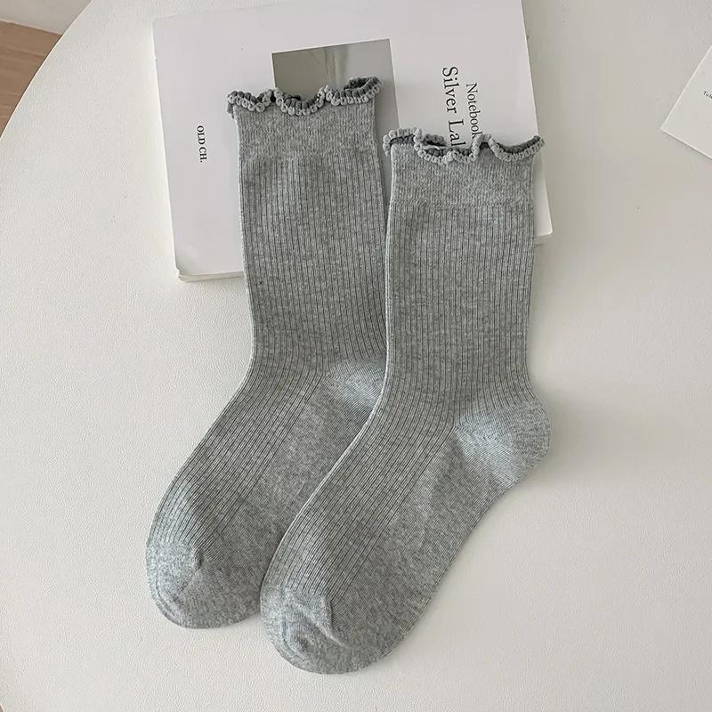 Fashion Girls Lolita Kawaii Cute Middle Tube Socks Sox Sweet Solid Color Black White Gray Long Socks Ruffle Socks Women