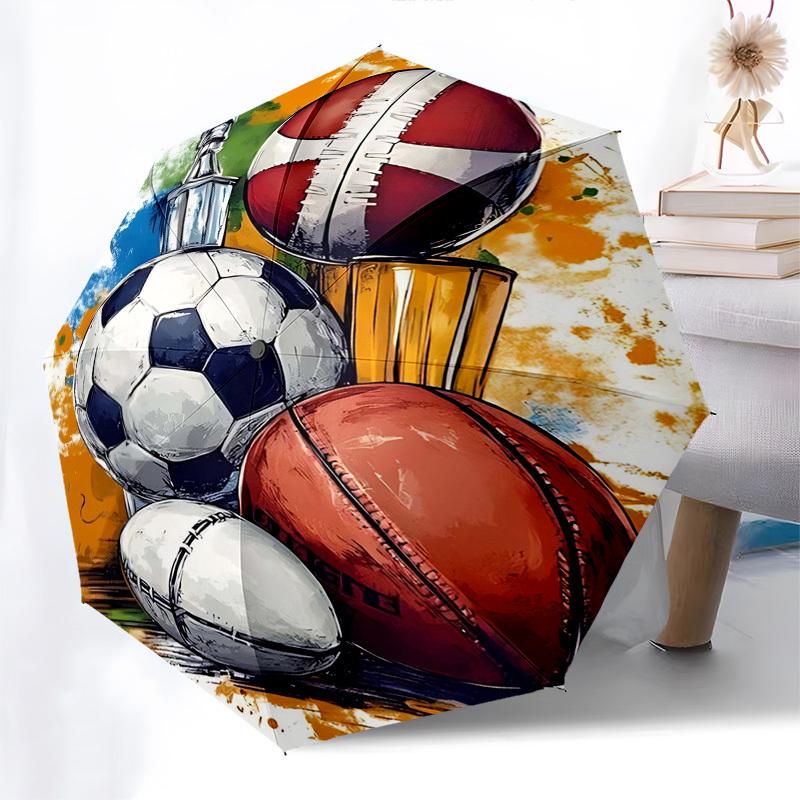 

1pc Automatic Folding Umbrella with Sports Ball Print, Portable Tri-Fold Design, 8-Rib Iron Frame, Outdoor, Ideal Gift for Fans, Travelers, Daily Use,