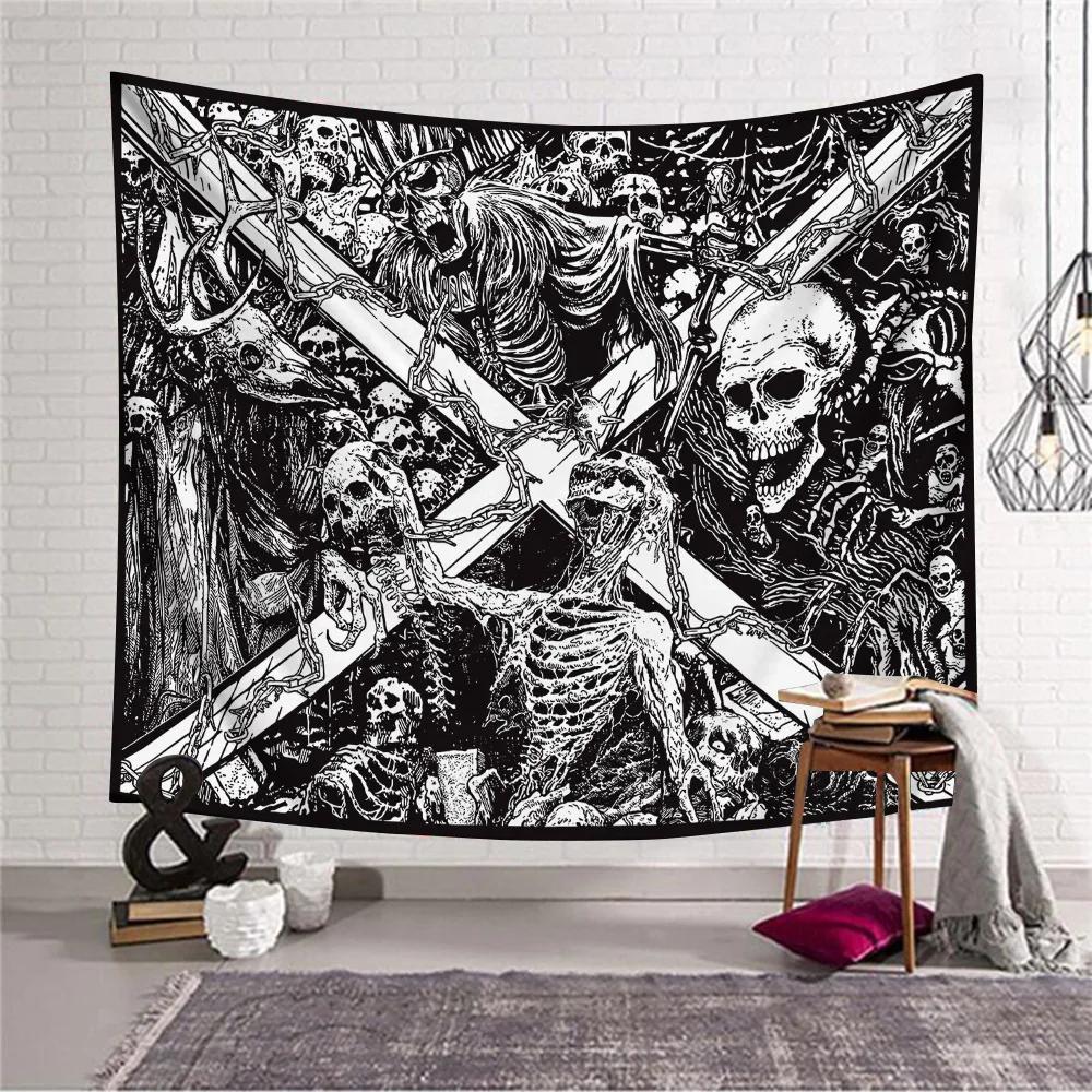 

Black and white skull art tapestry for home room decoration live broadcast background fabric bedside tapestry decor aesthetic 74x94cm(29x37in)
