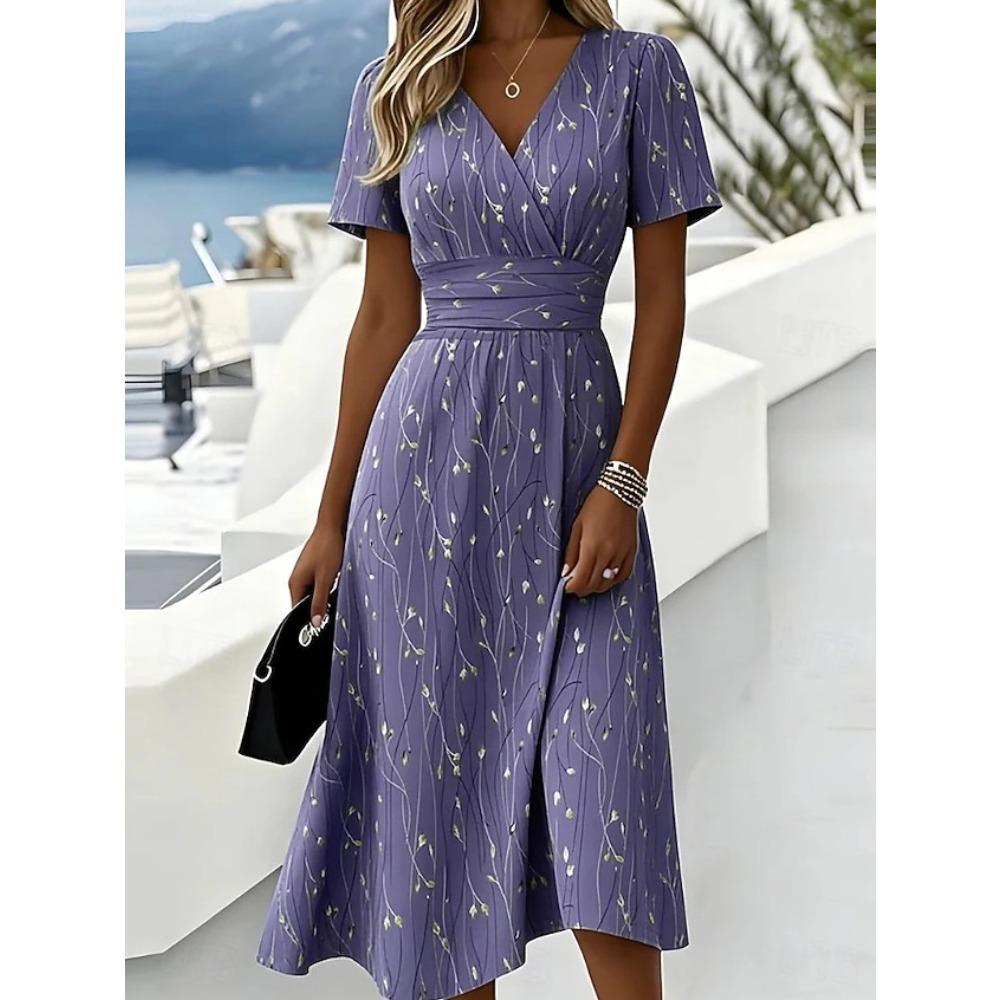 Women's Floral Print V Neck Maxi Dress Short Sleeve Wrap Waist Split A Line Casual Midi Dress