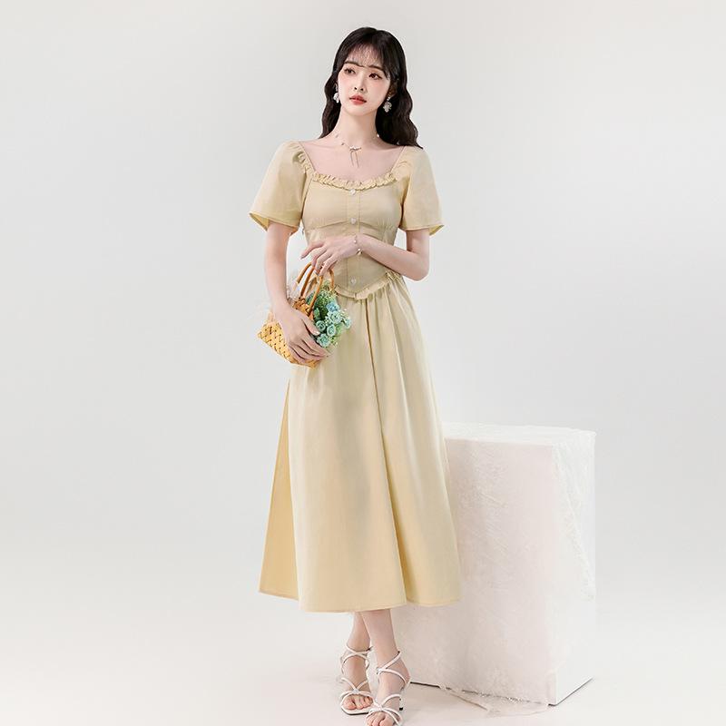 

Korean Style Sweet Age-Reducing Square Neck Slimming Long Dress Women s Summer Fashion Medium жёлтый