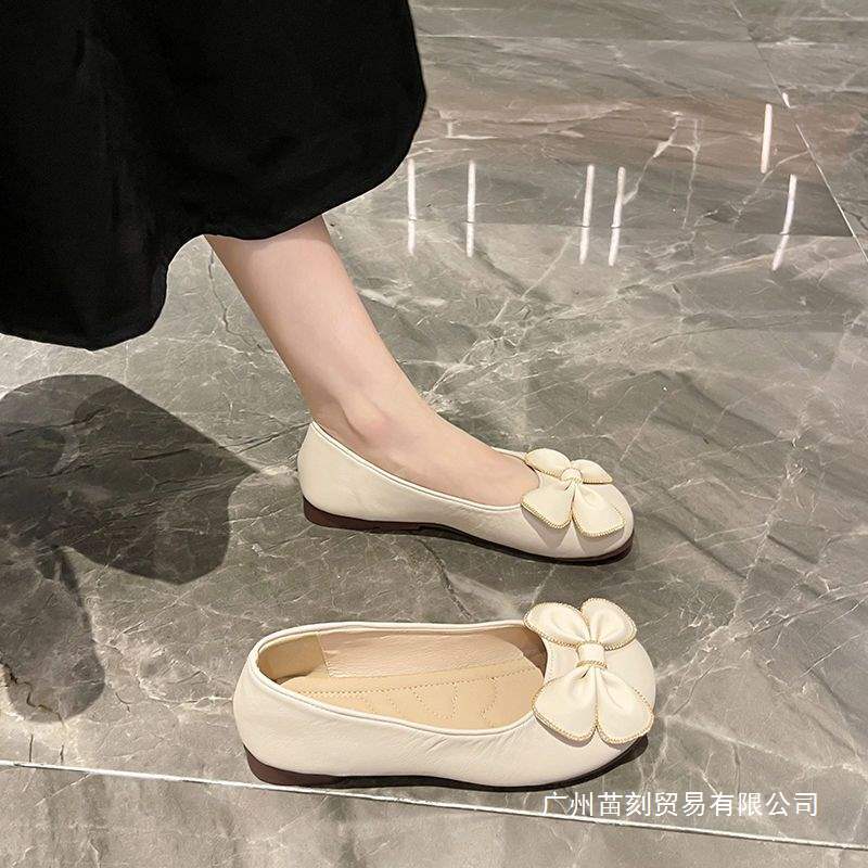 Bow-tie Shallow-mouth Doudou Shoes, One-pedal Soft-soled Soft Leather with Skirt, Single Shoes, Ladyshoes In Spring and Autumn