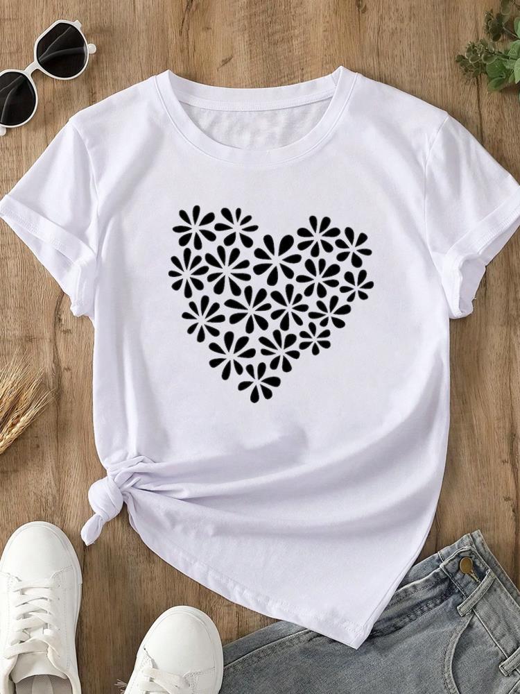 (Asian Size)  trend lovely flower style o-neck Women's Top T Clothing Print Short Sleeve T-shirts Fashion Female Casual Graphic Tee