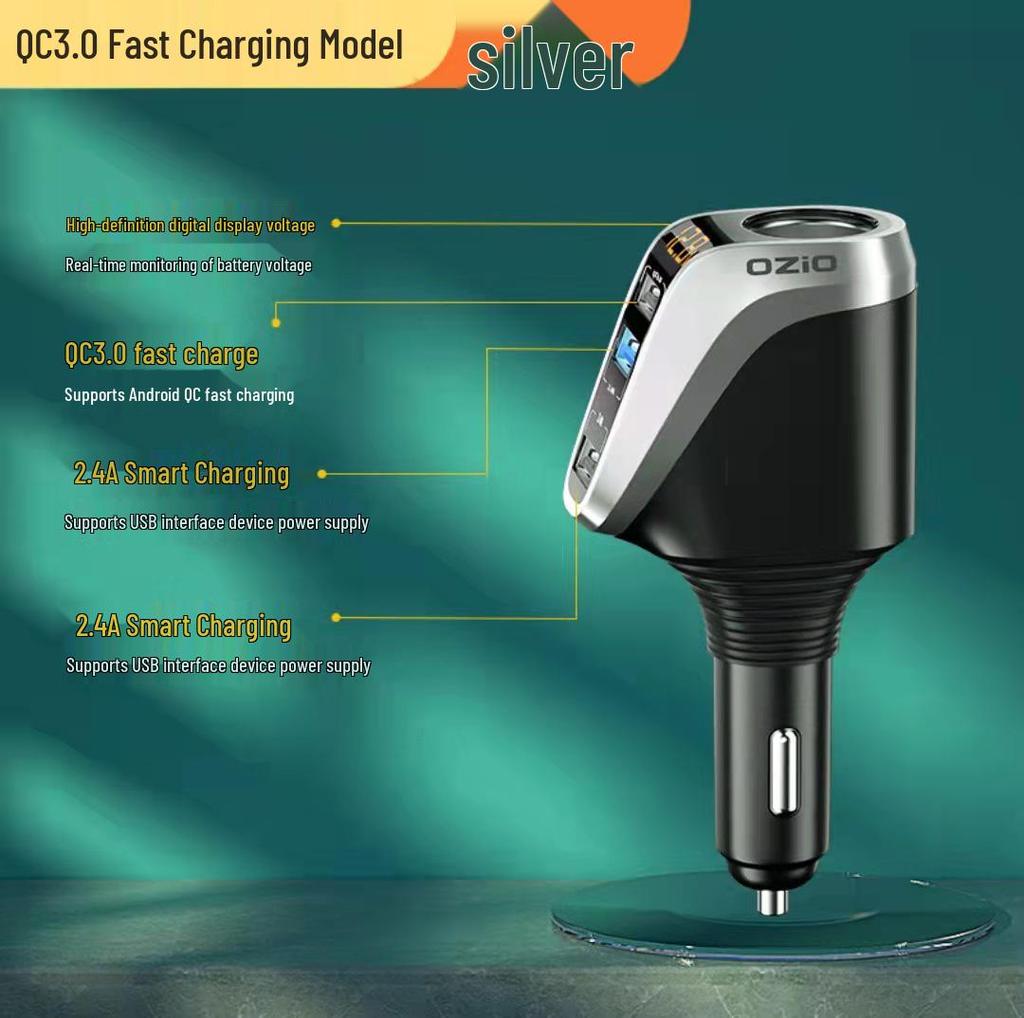 Fast Charging Car Cigarette Lighter Adapter: 1-to-3 Converter with 2 USB Ports