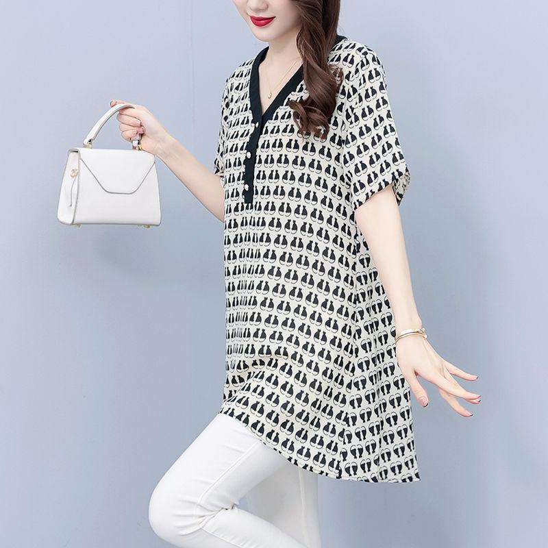 Korean Minimalist New Summer Printing Women's V-neck Button Fashion Versatile Short Sleeve Loose Mid Length Chiffon Shirt Tops