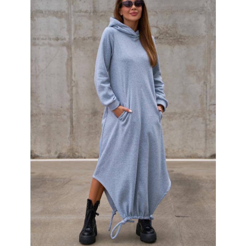 JPNTKY Women's Fashion Casual Solid Color Print Autumn Winter Long Sleeve Hoodie Dress