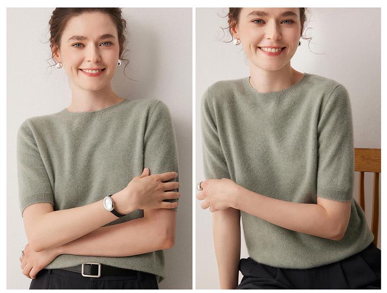 100% Pure Cashmere Round Neck Short Sleeve Pullover Sweater - Solid Color, Loose Fit for Autumn/Winter