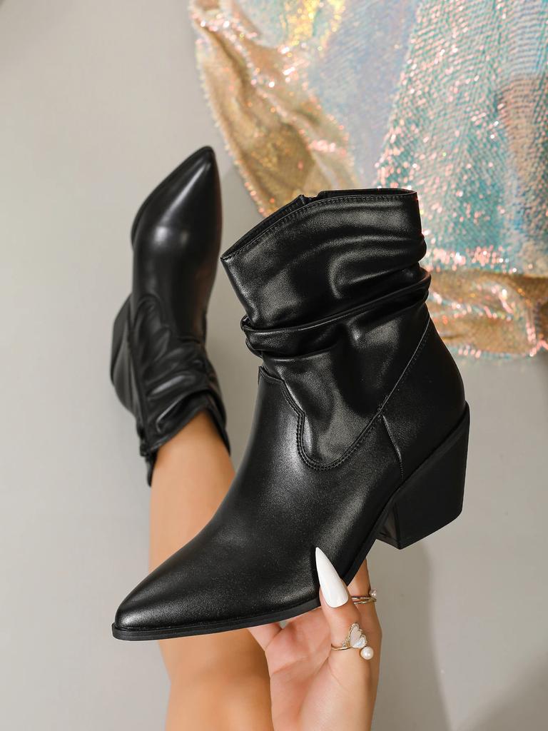 2025 Winter New Women's Wrinkled Stacked Boots with Pointed, Thick, High Heels, Casual and Comfortable Mid Top Boots Women