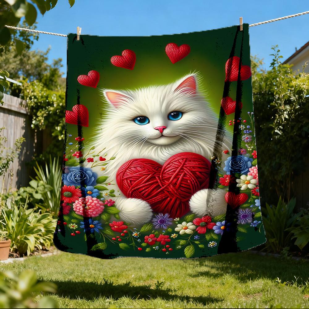 

1pc Cat Heart Flowers Outdoor Flannel Blanket , Machine Washable Perfect Gift for Birthday , Holiday Travel Accessory , Durable Material 80x120cm