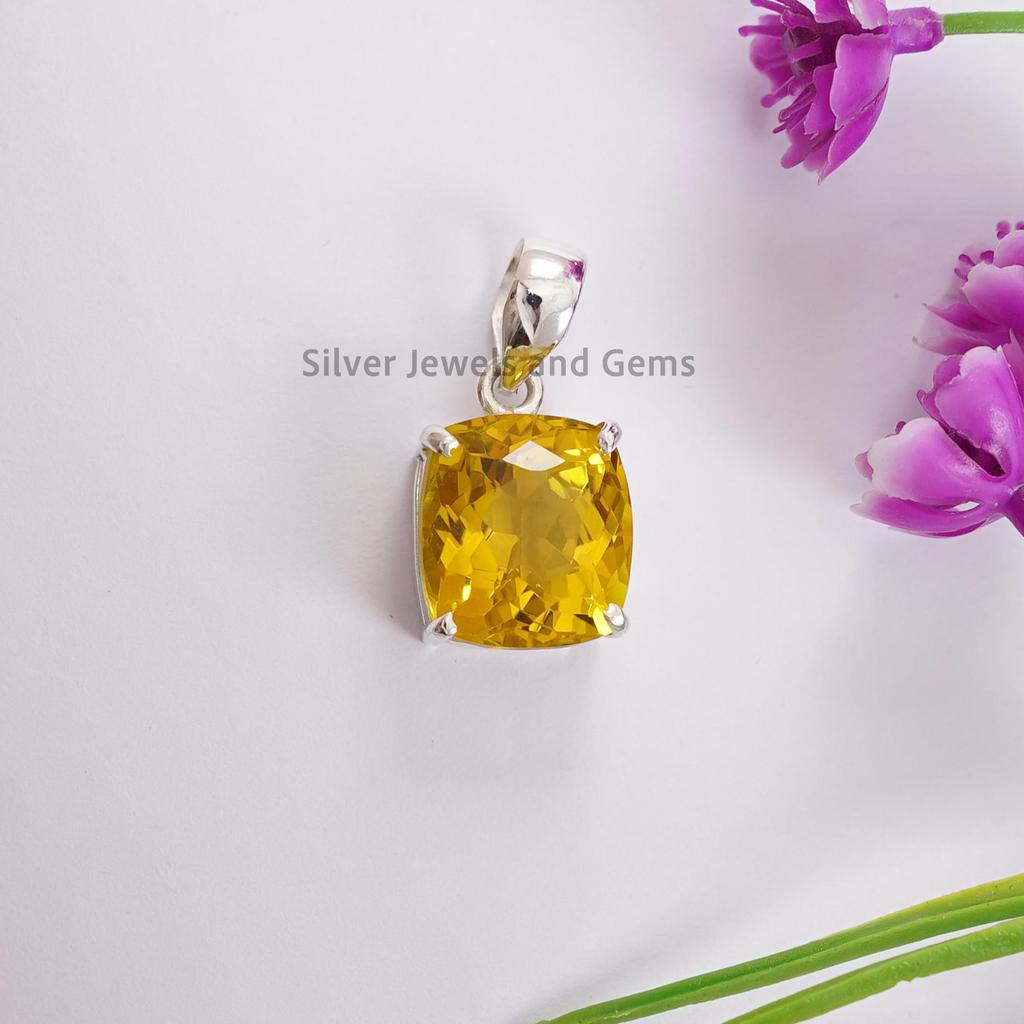Natural Citrine Pendant, Prong Pendant, Square Gemstone Pendant, Engagement Pendant, 925 Sterling Silver Pendant