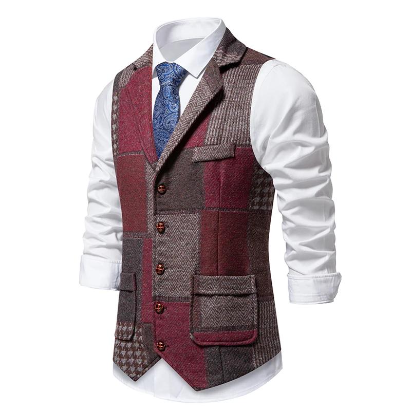 Vest Suit Lapel Mens Collar Stitching Vintage Patch Plaid Woolen Casual Slim Waistcoat For Wedding Vest Groom Costumes