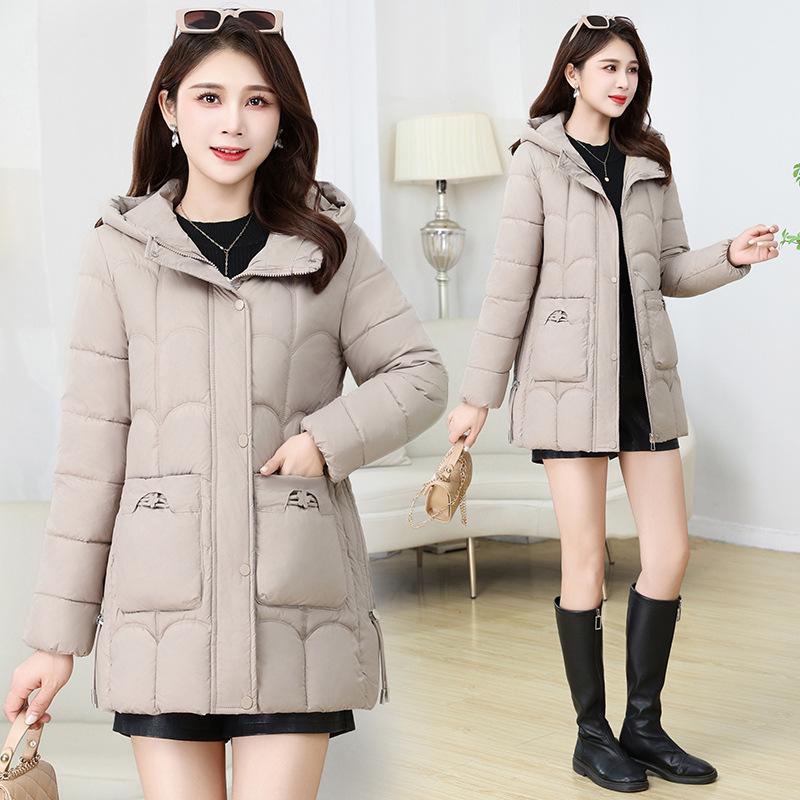 Fashion down cotton jacket women's mid-length winter 2025 hooded plus size slim padded jacket warm jacket