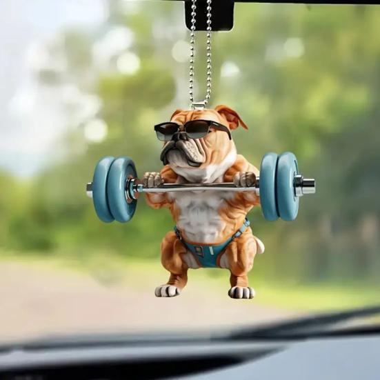 Cute Dog Weightlifting Dumbbell Pendants Acrylic Novelty Bag Charm Christmas Tree Car Mirror Decoration Unique Gift for Animal Lovers Drivers