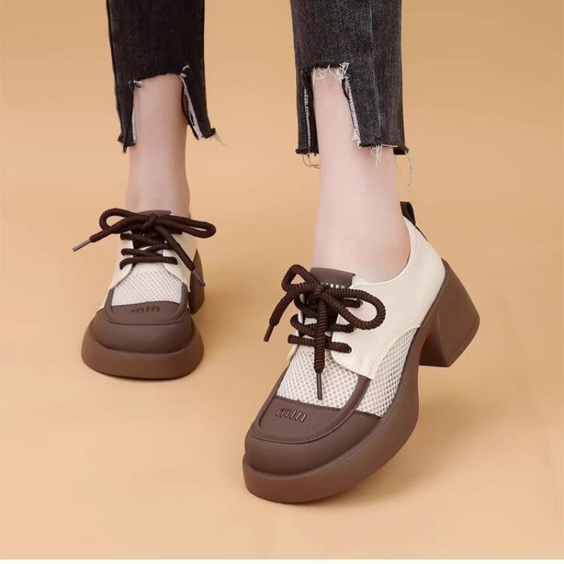 Damen Pumps mit dicker Sohle, Plateau-Schuhe, Frühling, Pu-Leder, High Heels, Loafer, Frau, runde Zehenpartie, Schnürung, atmungsaktiv, hohl, einzelne Schuhe