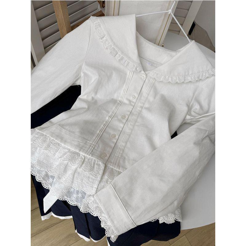 French Forest Girl White Doll Collar Lace Long Sleeve Shirt - Women s Spring 2026 Age-Reducing Top Large белый