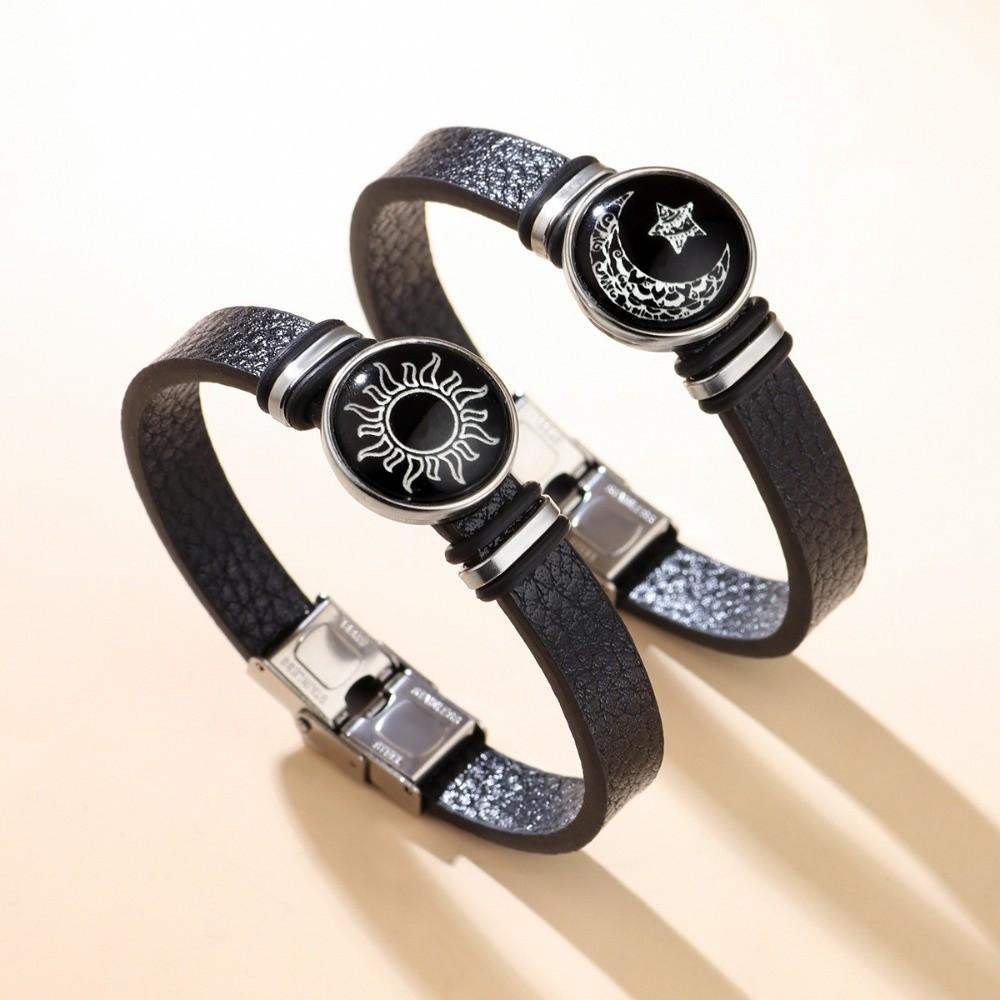 

Retro Luminous Couple Bracelets Sun Moon Leather Strap Bracelet Elegant Hand Chain Couple Jewelry Gift чорний