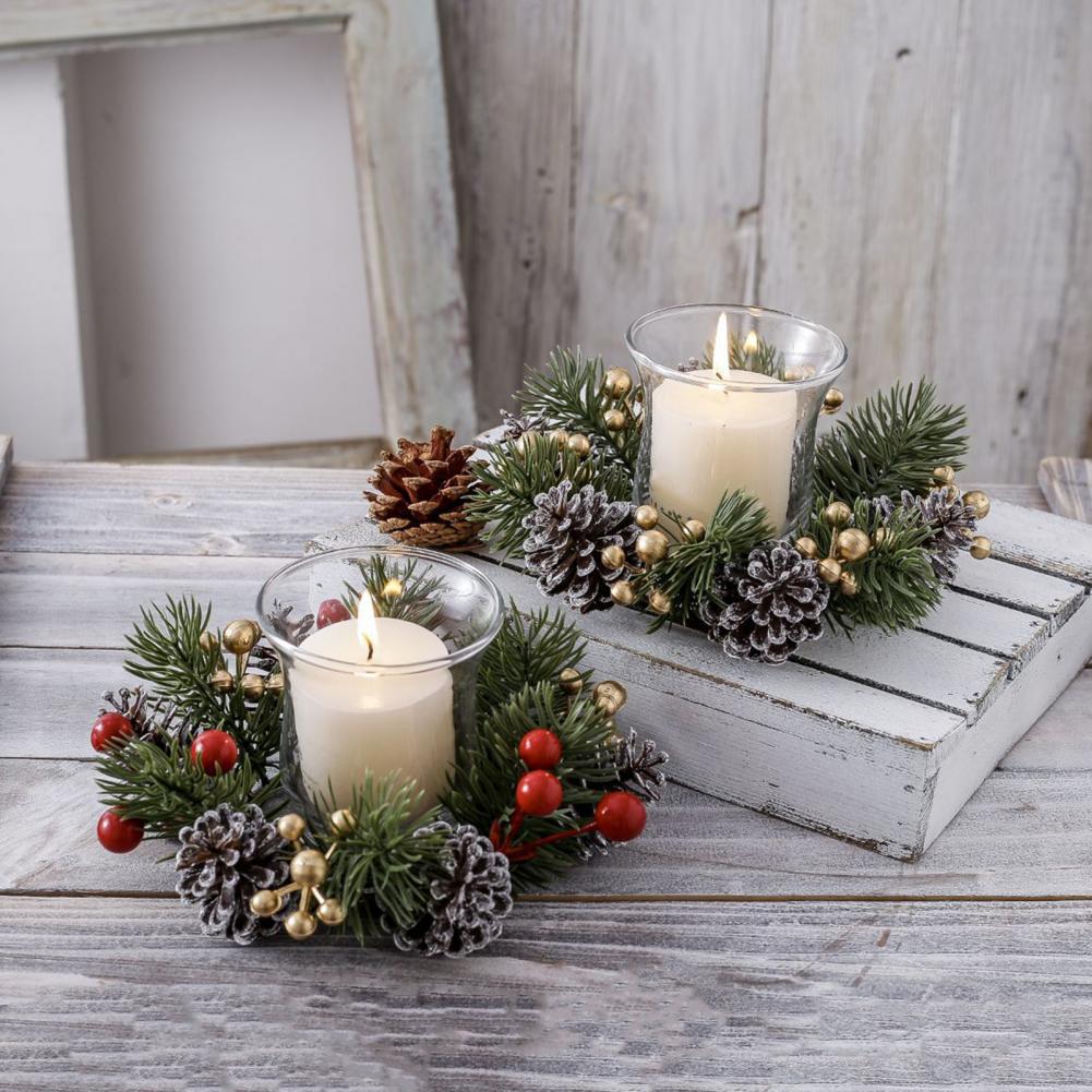 Christmas Candle Ring Artificial Pine Needle Pinecone Berries Garland Rustic Festive Candle Wreath For Home Centerpiece Decor