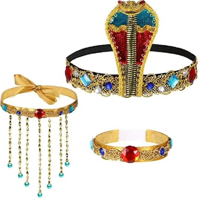 Egyptian Costume Accessories Set Egyptian Headpiece Tassels Beaded Necklace Bracelet Arm Cuffs for Halloween Party Decor
