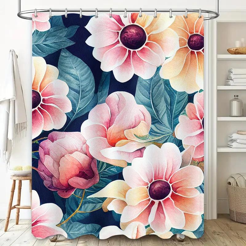 Beautiful Floral Print Shower Curtain Waterproof Home Decor Bathroom Wall Hanging for Living Room Pink Blossoms on Blue Backgrou